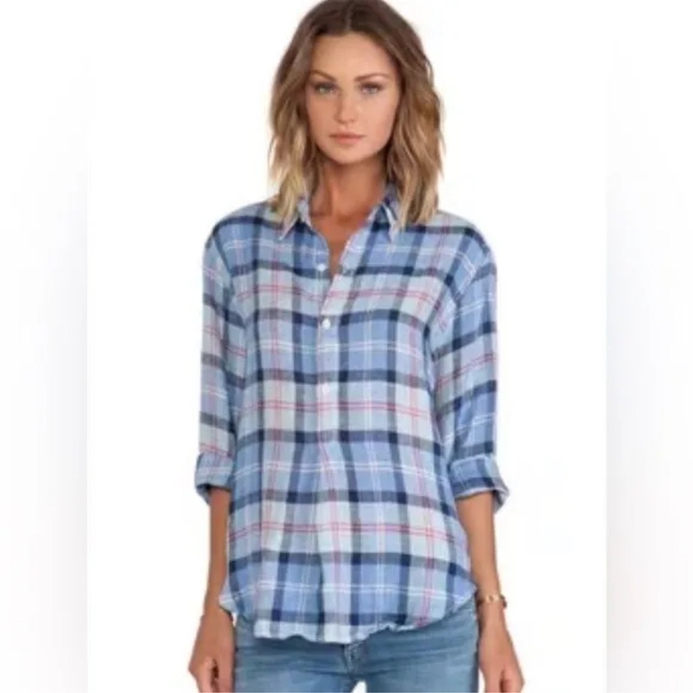 CP Shades Tennessee Plaid Linen Shirt in Blue Size S